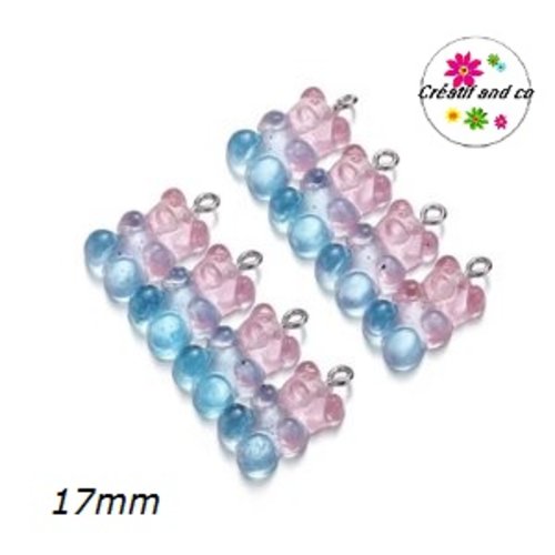 Breloque ourson translucide bi-couleur rose/bleu