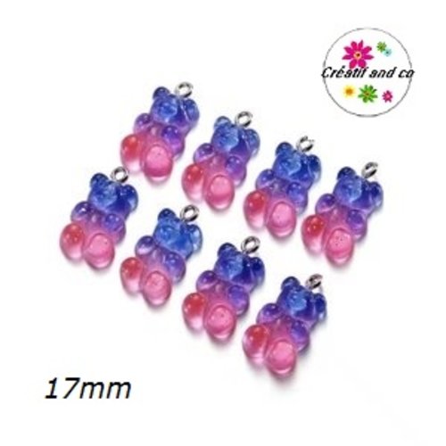 Breloque ourson translucide bi-couleur bleu roi/fuchsia