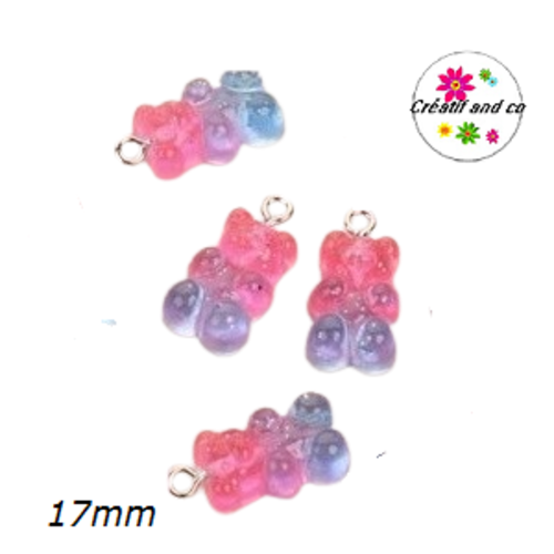 Breloque ourson translucide bi-couleur fuchsia/bleu