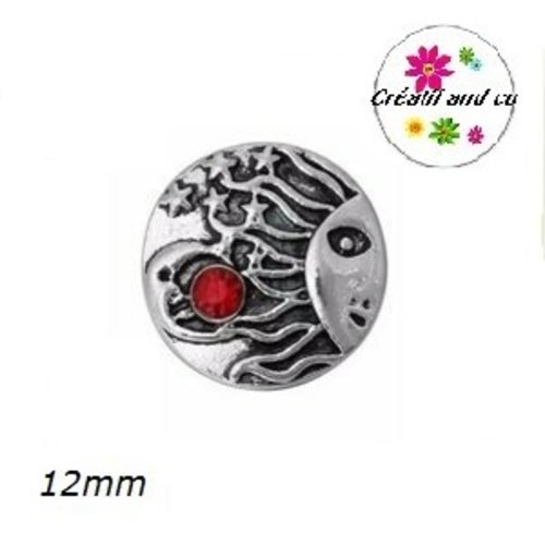 Bouton pression métal soleil et strass rouge 12mm