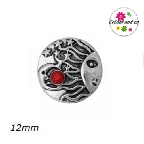 Bouton pression métal soleil et strass rouge 12mm