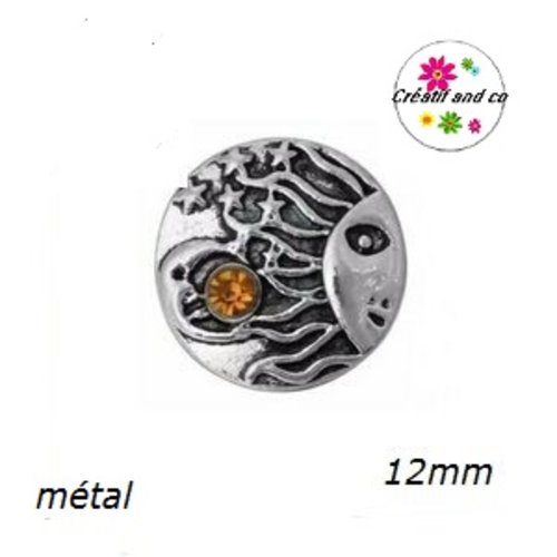 Bouton pression métal soleil et strass orange 12mm