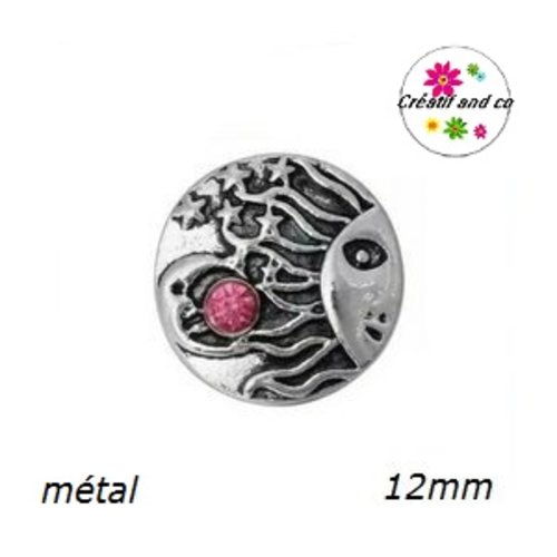 Bouton pression métal soleil et strass rose 12mm
