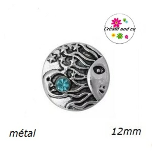Bouton pression métal soleil et strass turquoise 12mm
