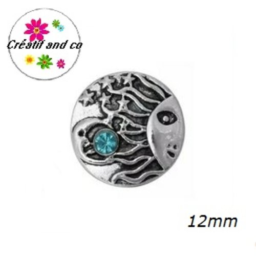 Bouton pression métal soleil et strass turquoise 12mm