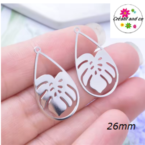 Breloque estampe feuille de plante tropicale argent  26mm