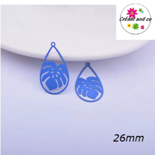 Breloque estampe feuille de plante tropicale bleu 26mm