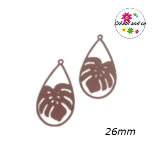 Breloque estampe feuille de plante tropicale rose 26mm