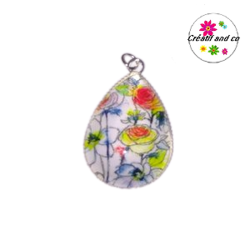 Pendentif  cabochon goutte fleurie