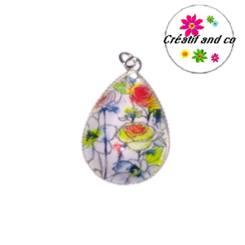 Pendentif  cabochon goutte fleurie