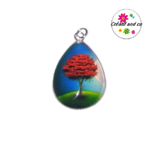 Pendentif cabochon goutte arbre de vie rouge