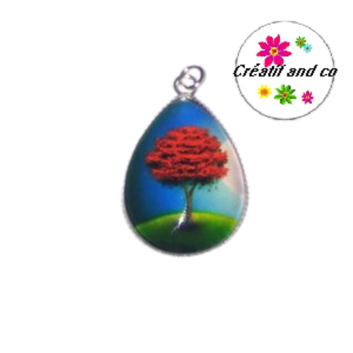 Pendentif cabochon goutte arbre de vie rouge