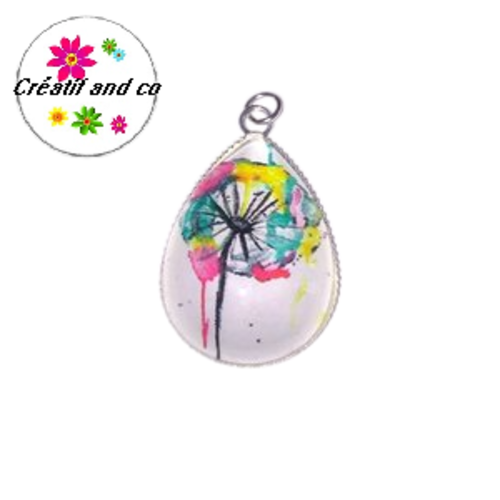 Pendentif et son cabochon goutte en verre pissenlit coloré 18x25mm