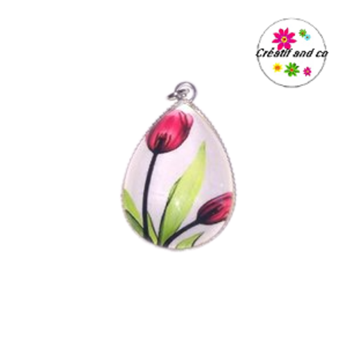 Pendentif cabochon goutte tulipes rouges
