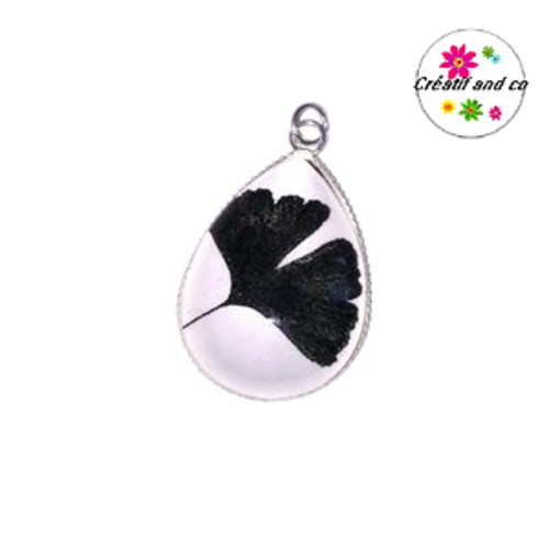 Pendentif cabochon goutte fleur noire
