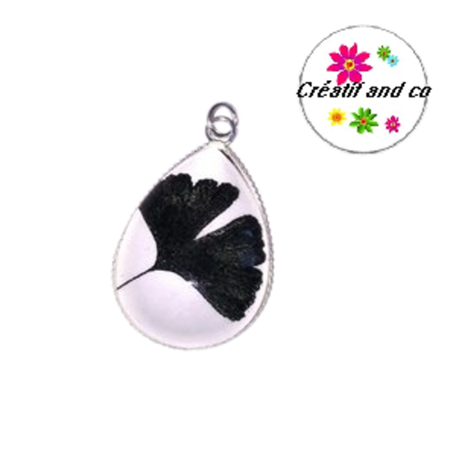 Pendentif cabochon goutte fleur noire