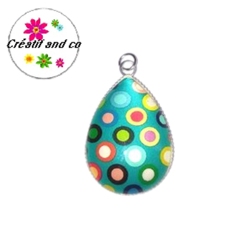 Pendentif et son cabochon goutte en verre cercles colorés 18x25mm