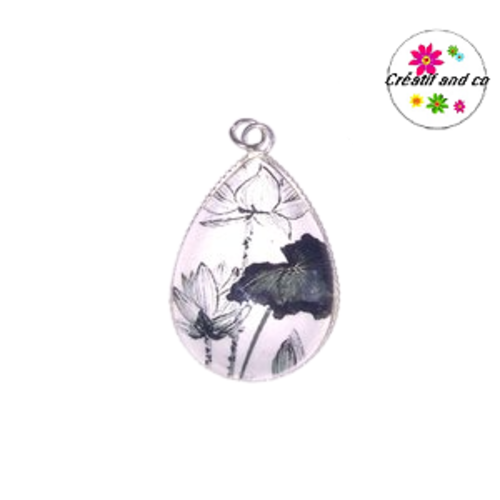 Pendentif cabochon goutte fleurs blanches et noires