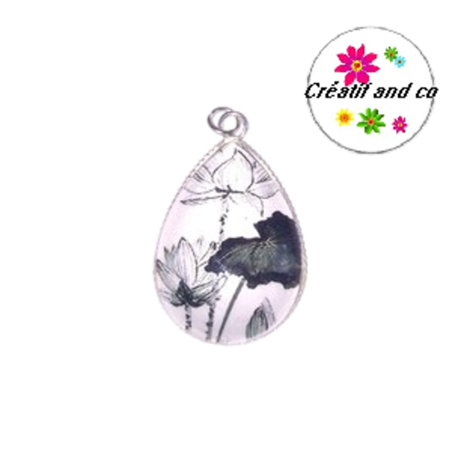 Pendentif cabochon goutte fleurs blanches et noires