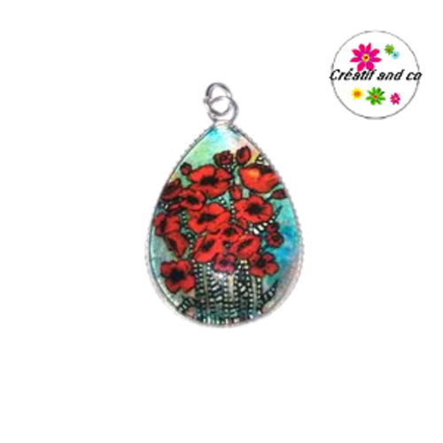 Pendentif cabochon goutte en verre bouquet de fleurs rouges