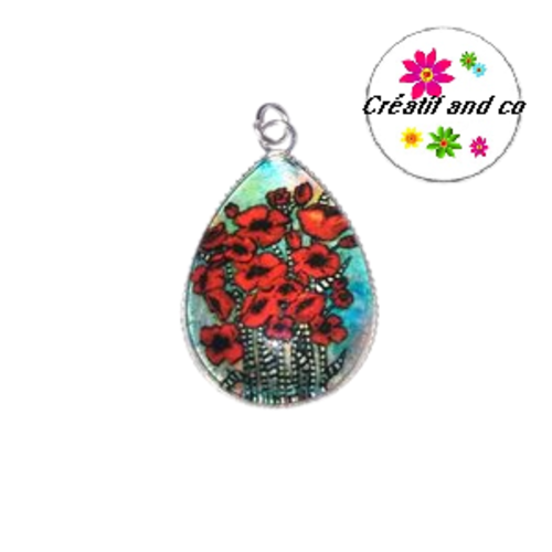 Pendentif cabochon goutte en verre bouquet de fleurs rouges