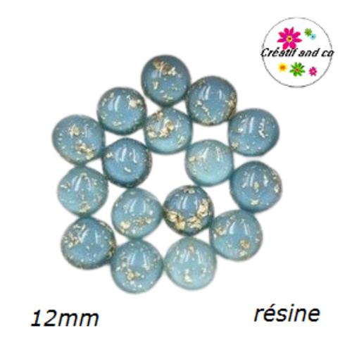 X2 cabochons bleus clairs et feuille d'or résine 12mm