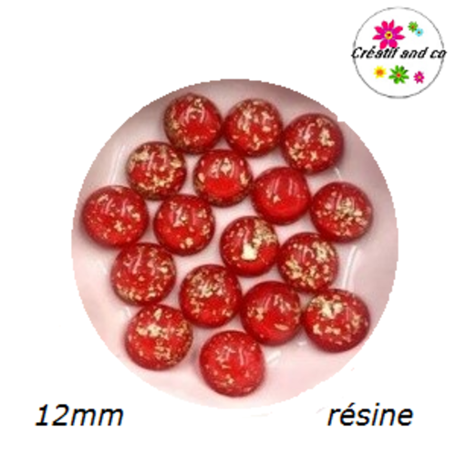 X2 cabochons rouges et feuille d'or résine 12mm