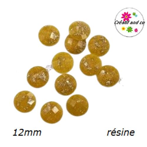 X2 cabochons facettés jaunes et feuille d'or résine 12mm