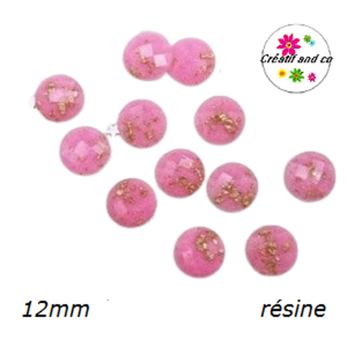 X2 cabochons facettés roses et feuille d'or résine 12mm