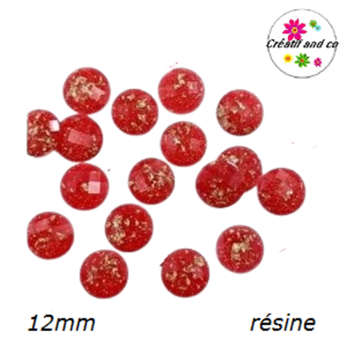 X2 cabochons facettés rouges et feuille d'or résine 12mm