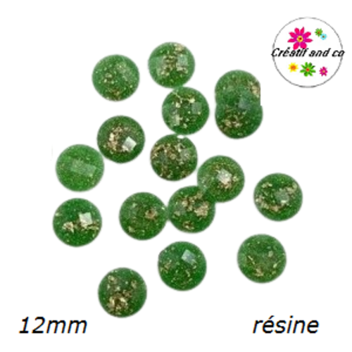 X2 cabochons facettés verts et feuille d'or résine 12mm