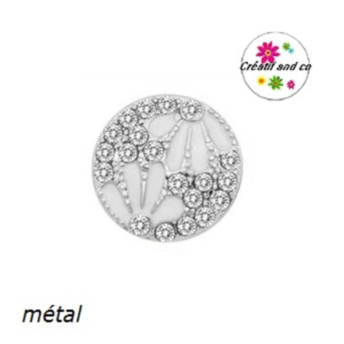 Bouton pression fleur métal émail blanc et strass