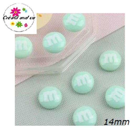 X2 cabochons m&ms vert d'eau résine 14mm