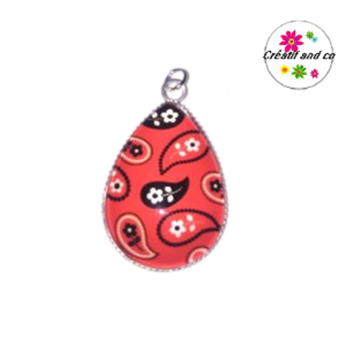 Pendentif cabochon goutte motif ton rouge/noire