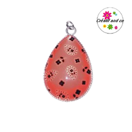 Pendentif cabochon goutte motif ton rouge/noire