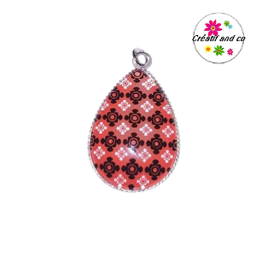 Pendentif cabochon goutte motif ton rouge/noire