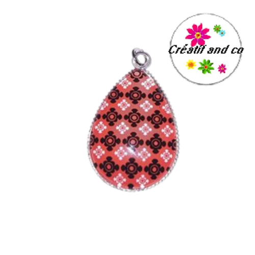 Pendentif cabochon goutte motif ton rouge/noire