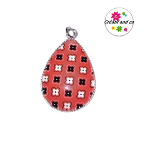 Pendentif cabochon goutte motif ton rouge/noire