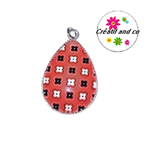 Pendentif cabochon goutte motif ton rouge/noire