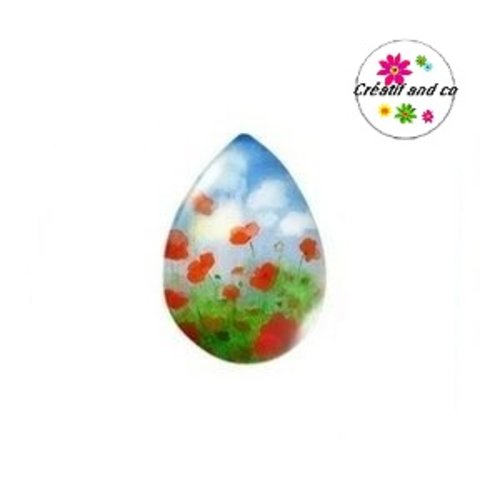 Cabochon goutte champ de pavot rouge 18x25mm