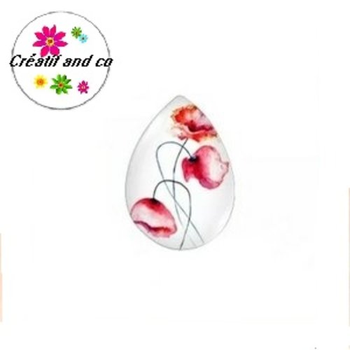 Cabochon goutte fleur pavot rouge 18x25mm