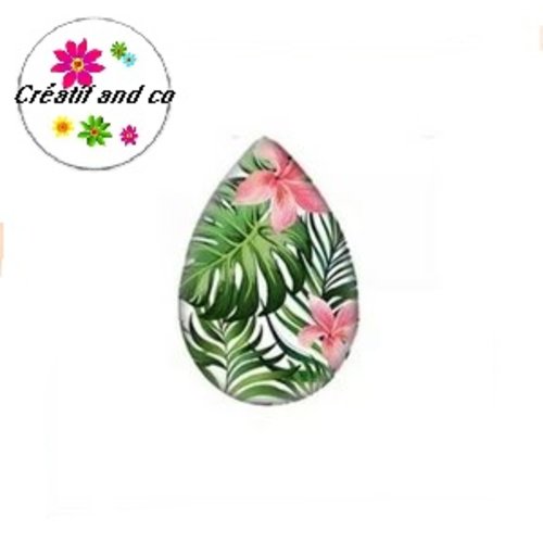 Cabochon goutte feuilles tropicales et fleurs 18x25mm
