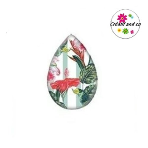 Cabochon goutte feuilles tropicales et fleurs 18x25mm