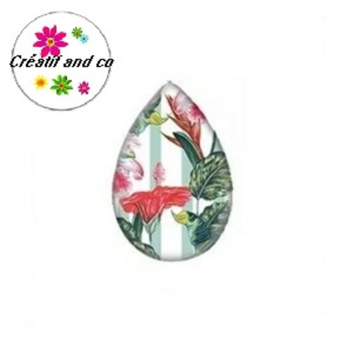 Cabochon goutte feuilles tropicales et fleurs 18x25mm