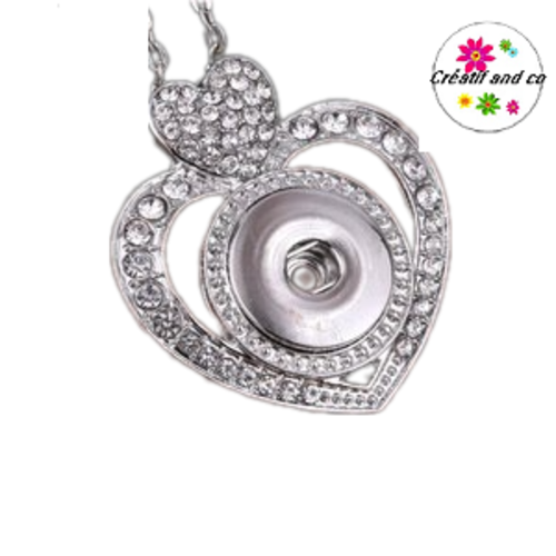 Collier coeur argenté et strass pour bouton pression