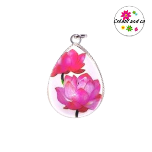 Pendentif cabochon goutte fleurs fuchsias