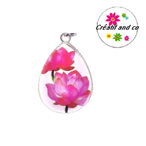 Pendentif cabochon goutte fleurs fuchsias
