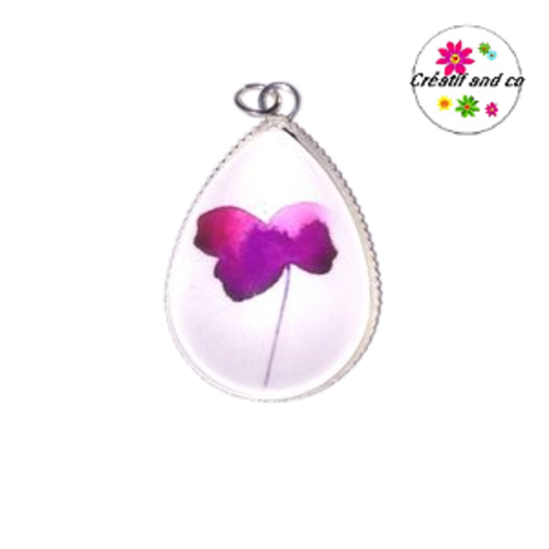 Pendentif cabochon goutte fleur violine/rose
