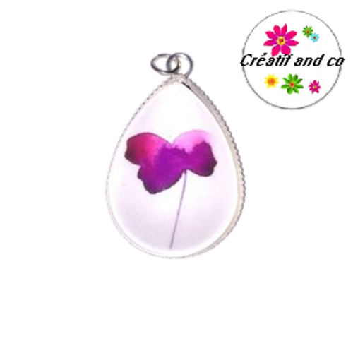 Pendentif cabochon goutte fleur violine/rose