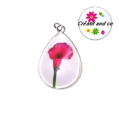 Pendentif cabochon goutte arum fuchsia